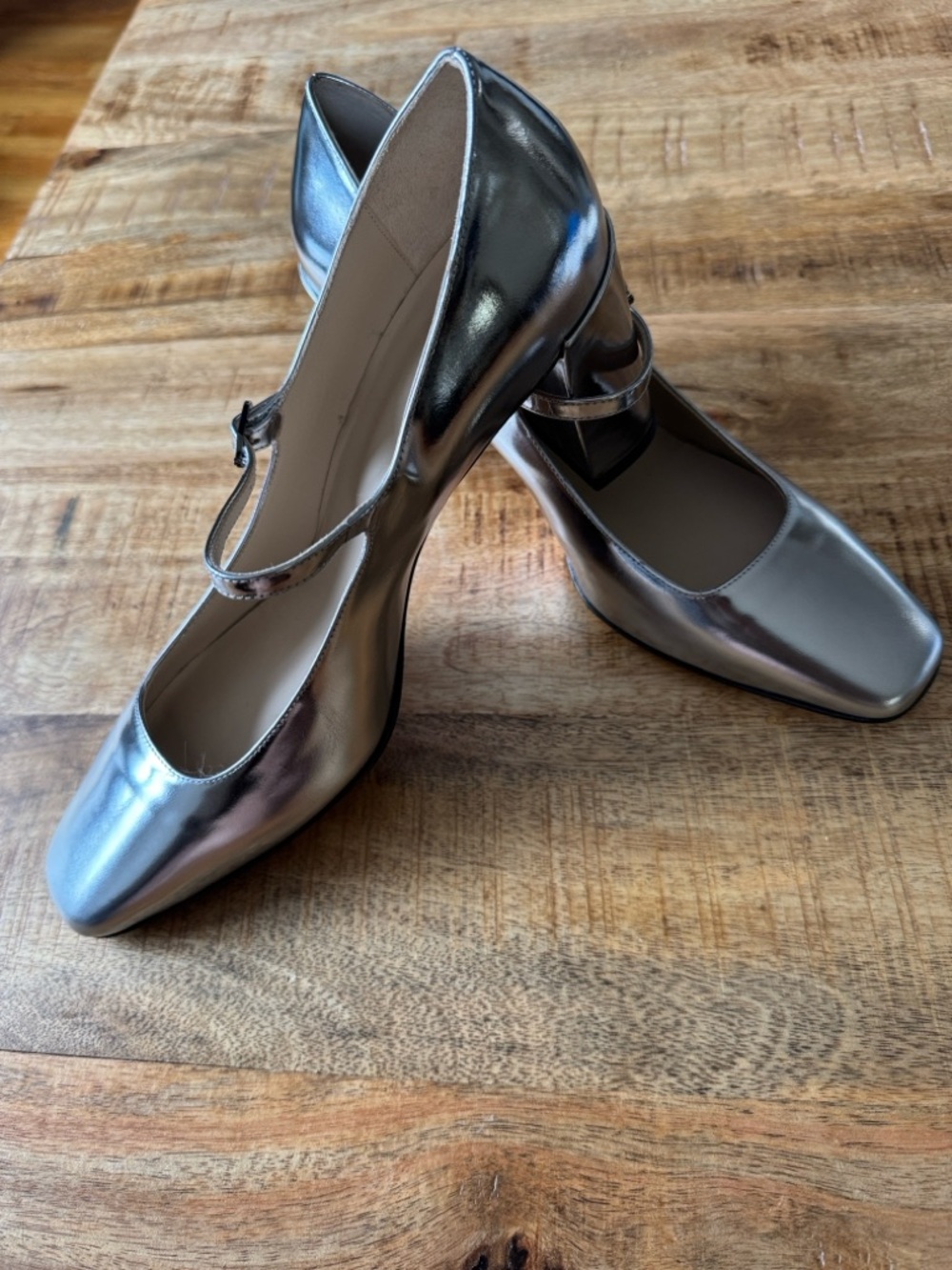 Theory leather Metallic Silver Mary Jane block heel Pumps for Women 40 NEW